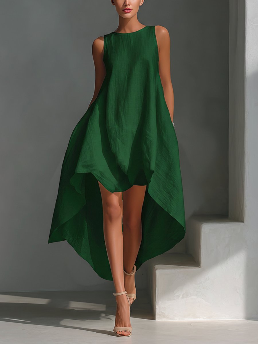 Women's Sleeveless Linen Asymmetric Handkerchief Hem Midi Dress - Green
