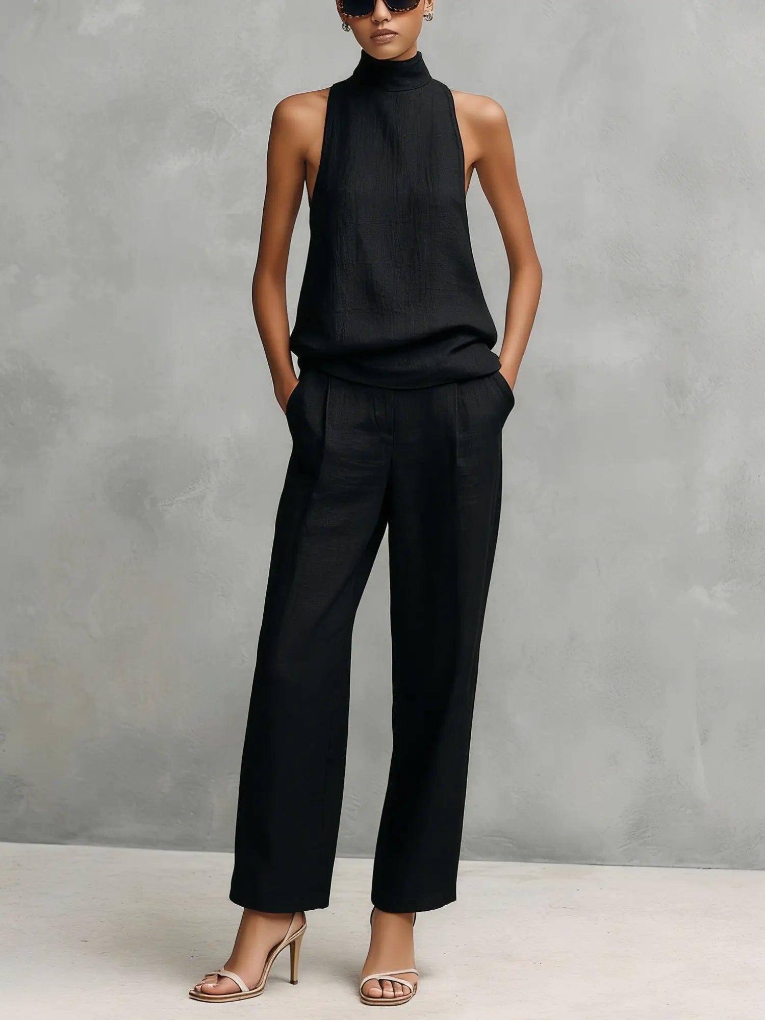 Women's Sleeveless Mock-Neck Cotton-Linen Two-Piece Trouser Set - Black
