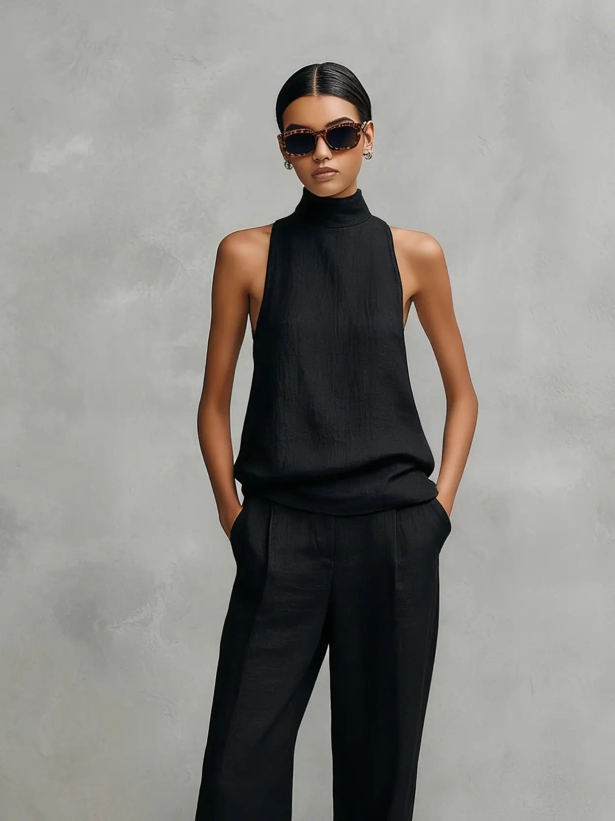Women's Sleeveless Mock-Neck Cotton-Linen Two-Piece Trouser Set