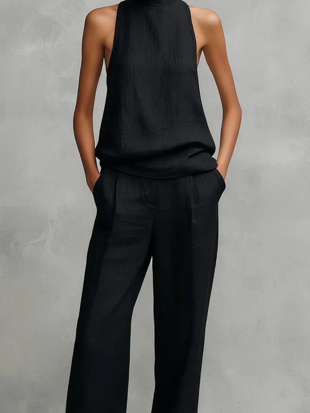 Women's Sleeveless Mock-Neck Cotton-Linen Two-Piece Trouser Set