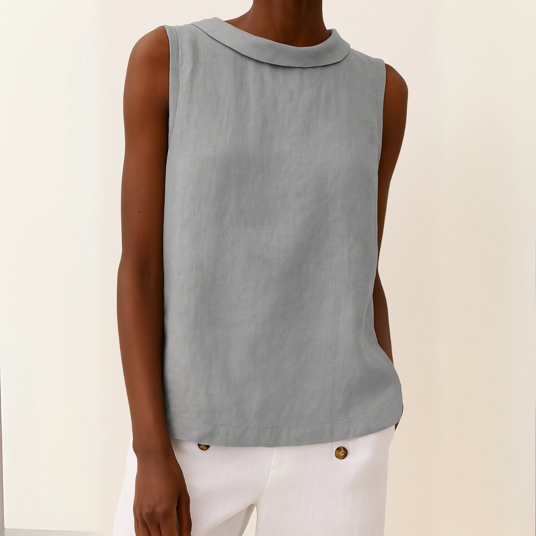 Women's Sleeveless Roll-Collar Linen-Blend Blouse - Grey
