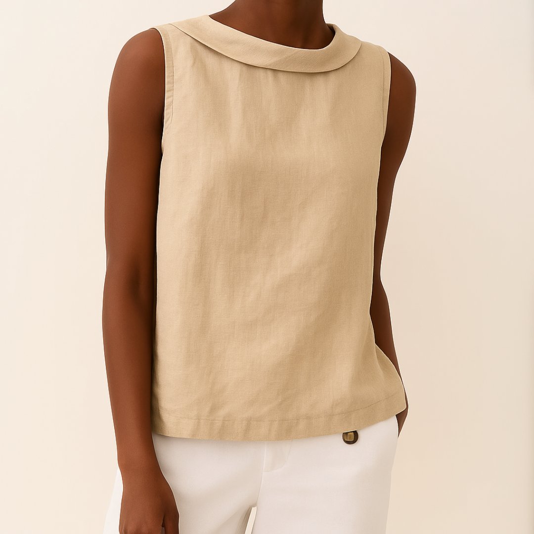 Women's Sleeveless Roll-Collar Linen-Blend Blouse - Beige
