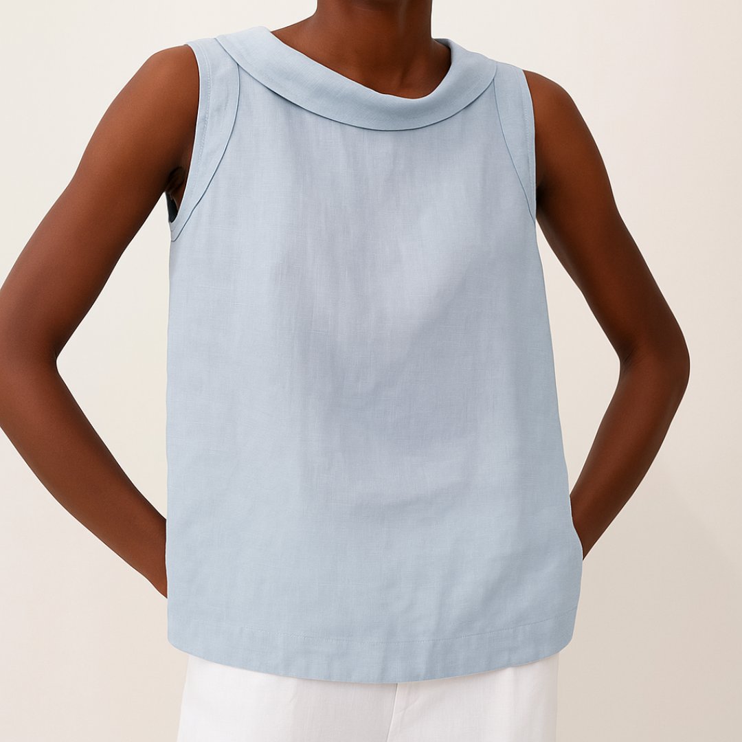 Women's Sleeveless Roll-Collar Linen-Blend Blouse - Blue