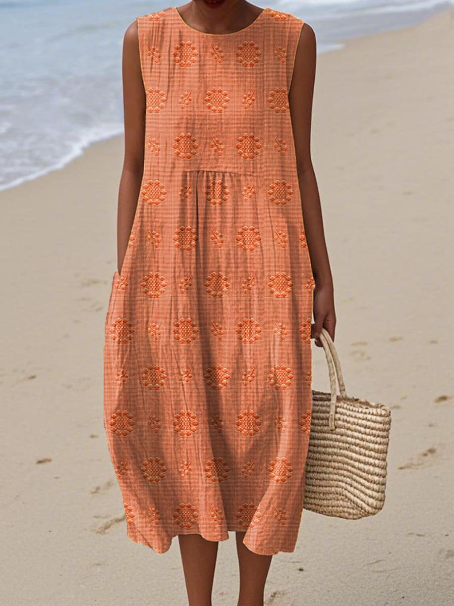 Women's Sleeveless Round-Neck Embroidered Relaxed-Fit Midi Dress - Orange