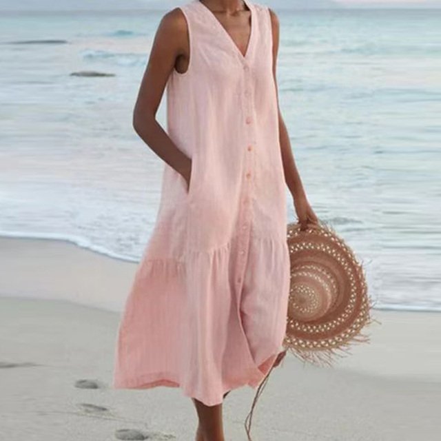 Women's Sleeveless V-Neck Button-Front Relaxed Midi Dress - Pink