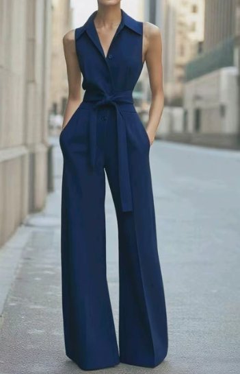 Women's Sleeveless Wide-Leg Belted Button-Front Jumpsuit - Navy Blue