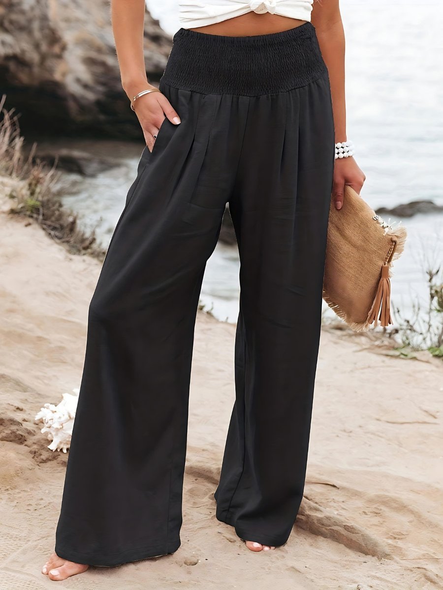 Women's Smocked High-Waist Relaxed Wide-Leg Linen Trousers - Black