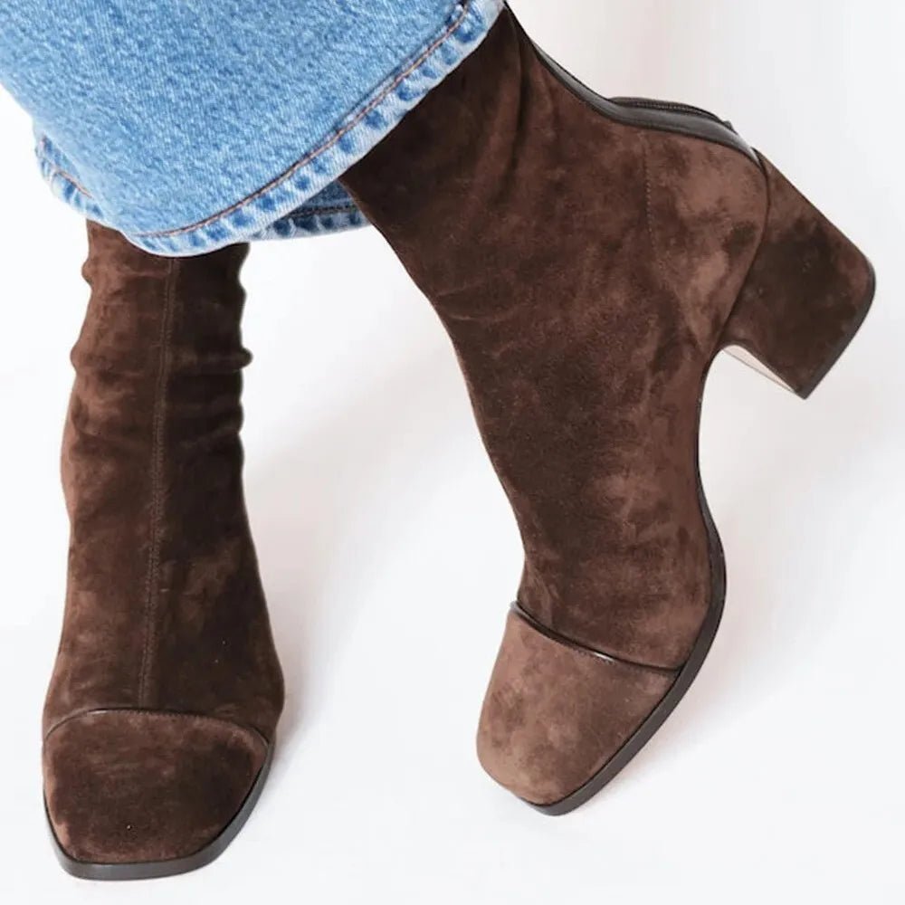 Women's Square-Toe Block-Heel Suede Knee-High Boots - Brown