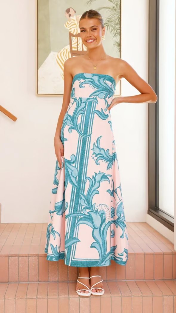 Women's Strapless Baroque Print Flared Maxi Dress