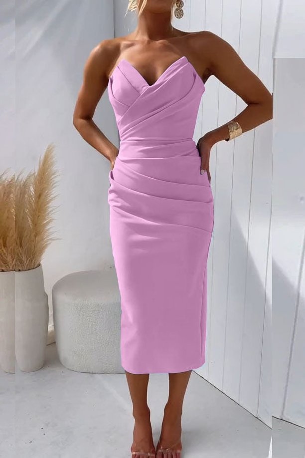 Women's Strapless Draped Fitted Midi Dress - Pink