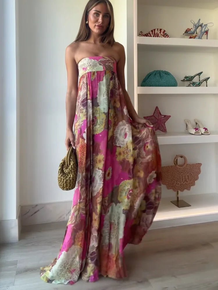 Women's Strapless Floral Floor-Length Maxi Wedding Guest Dress
