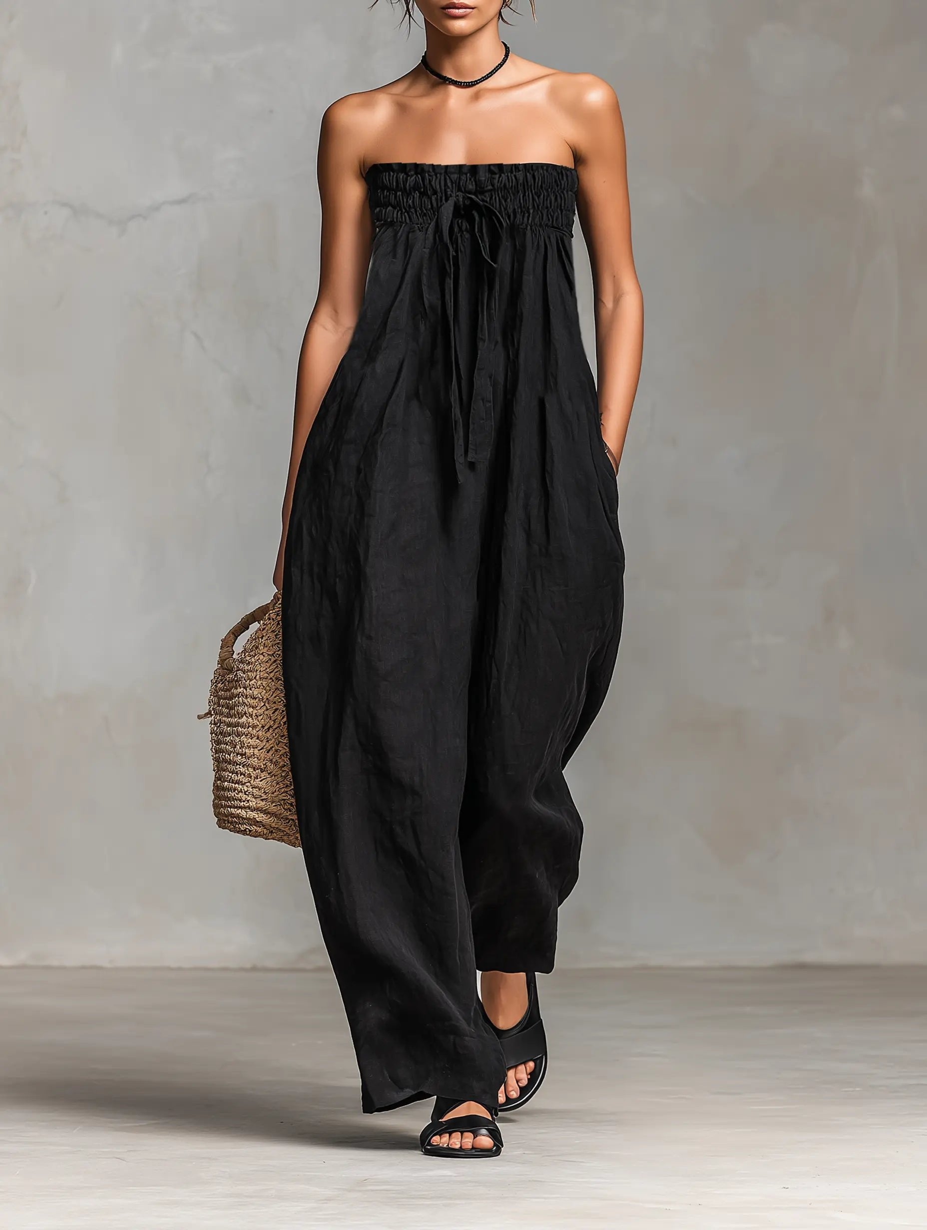 Women's Strapless Linen-Blend Wide-Leg Full-Length Jumpsuit - Black