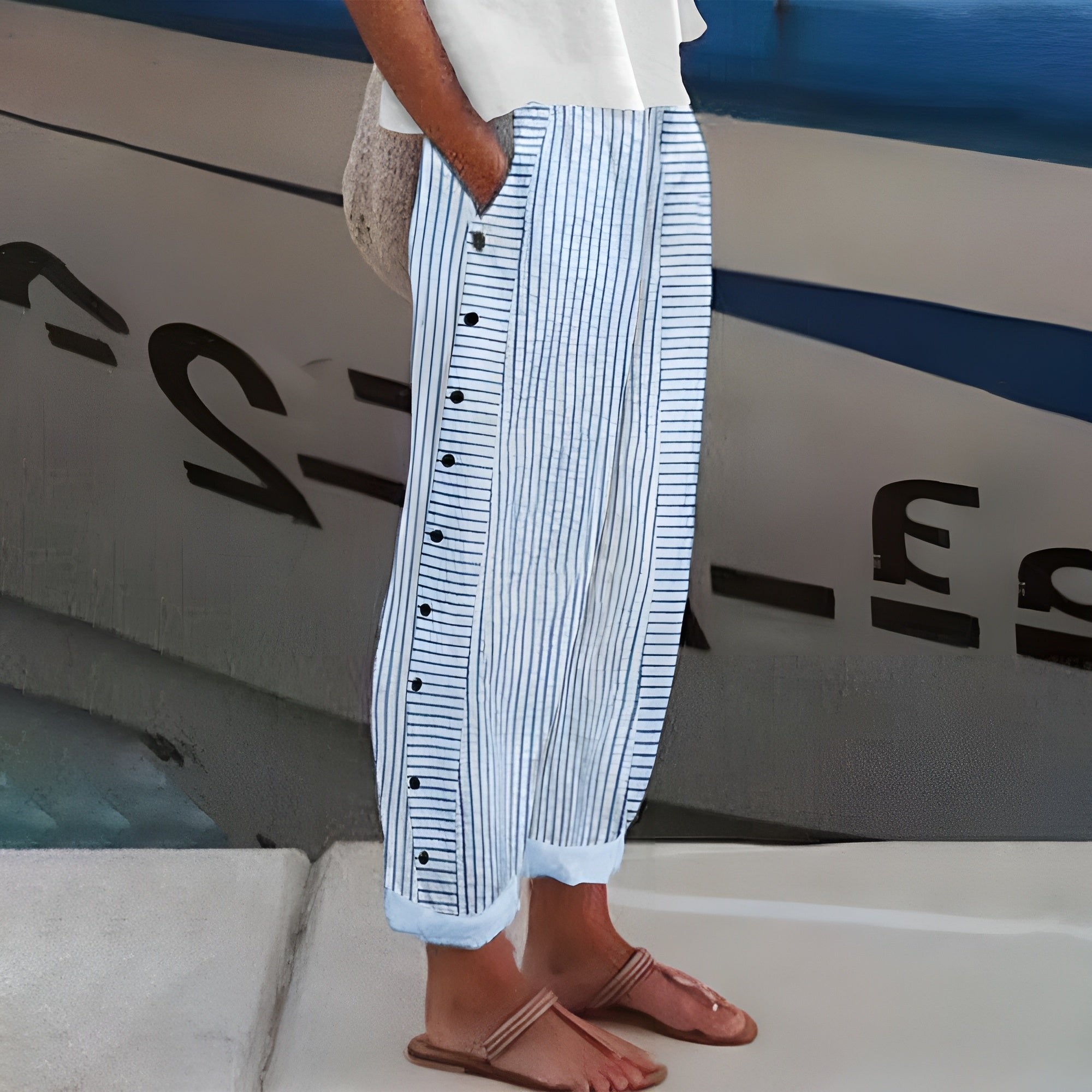 Women's Striped Straight-Leg Elastic-Waist Side-Pocket Trousers - Blue