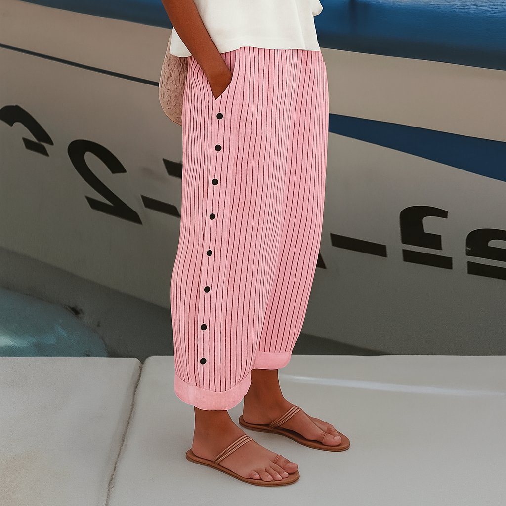 Women's Striped Straight-Leg Elastic-Waist Side-Pocket Trousers - Pink