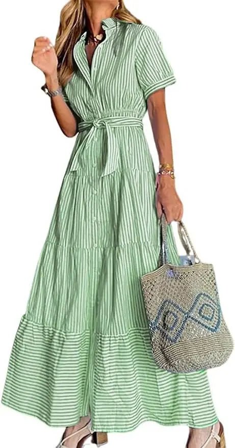 Women's Striped Tiered-Ruffle Tie-Waist Button-Down Maxi Shirt Dress - Green