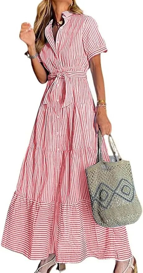 Women's Striped Tiered-Ruffle Tie-Waist Button-Down Maxi Shirt Dress - Red