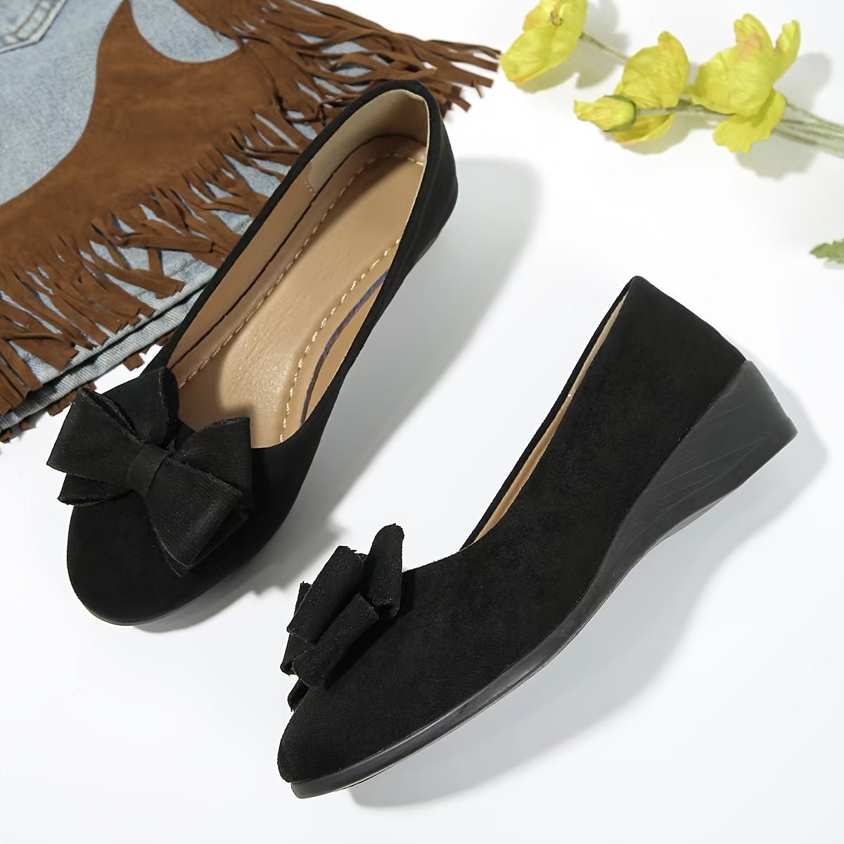 Women's Suede-Effect Bow-Detail Cushioned Slip-On Ballet Flats - Black