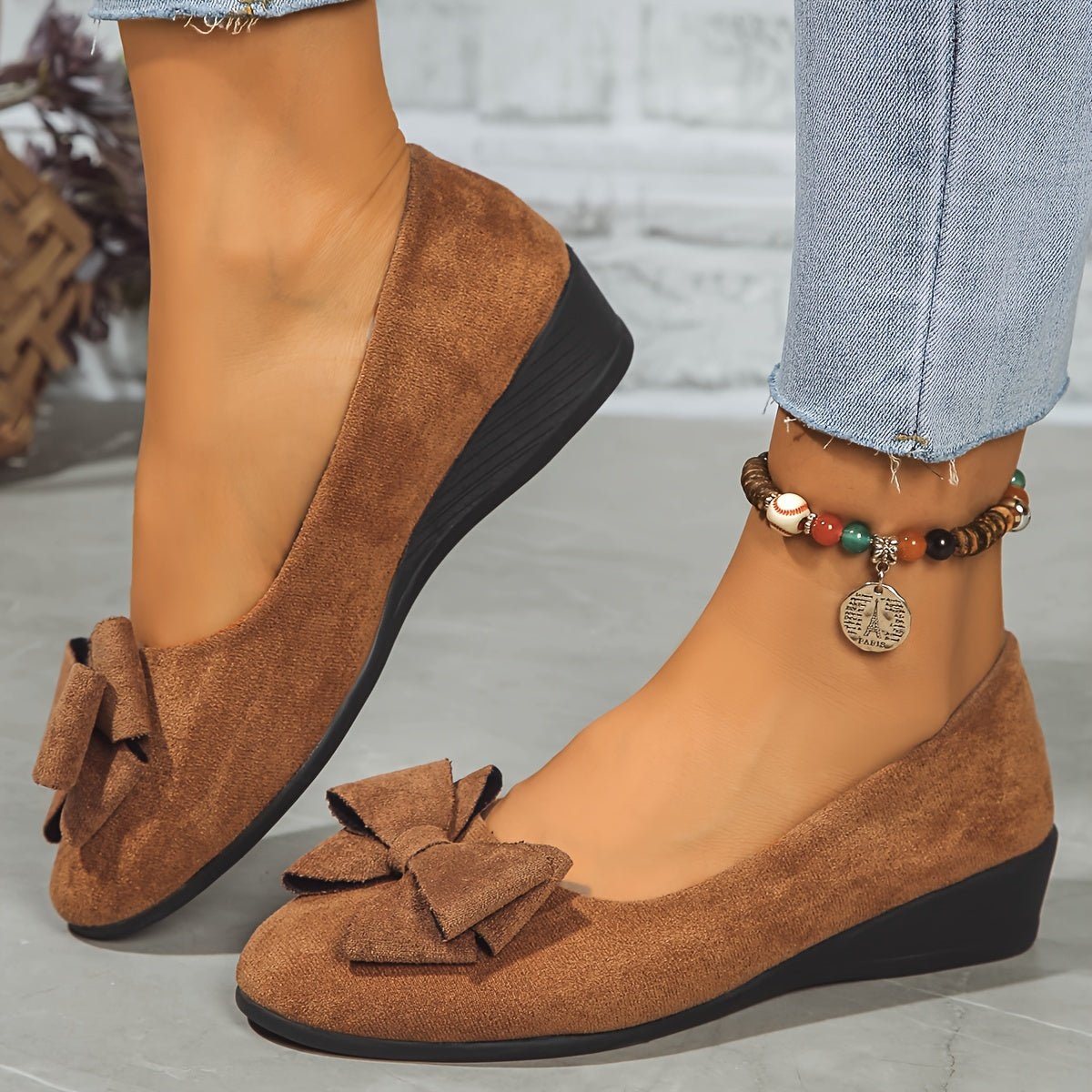 Women's Suede-Effect Bow-Detail Cushioned Slip-On Ballet Flats