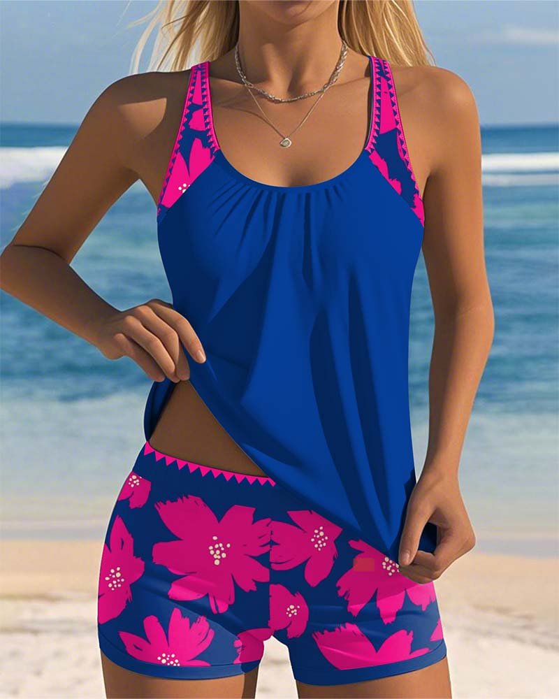 Women's Tummy-Control Floral Racerback Tankini Swimsuit Set - Pink