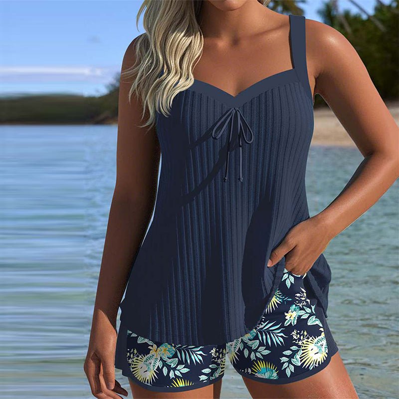 Women's Tummy-Control Sweetheart Tankini Two-Piece Swimsuit - Navy Blue