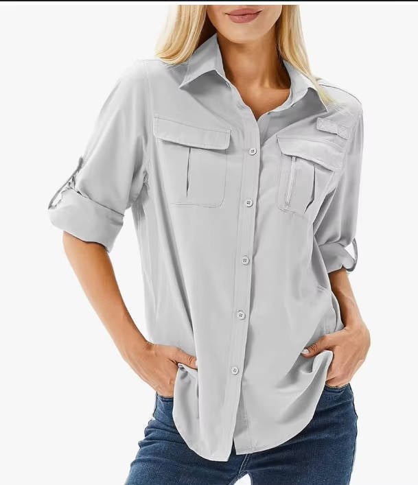 Women's UPF 50 Roll-Sleeve Dual-Pocket Outdoor Hiking Shirt - Light Grey