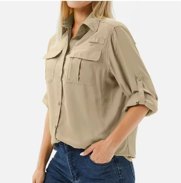 Women's UPF 50 Roll-Sleeve Dual-Pocket Outdoor Hiking Shirt