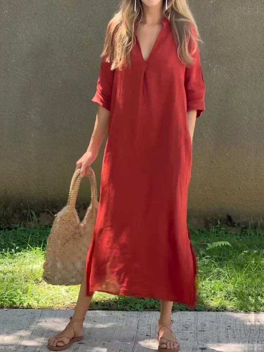 Women's V-Neck Cotton Linen Relaxed-Fit Maxi Dress