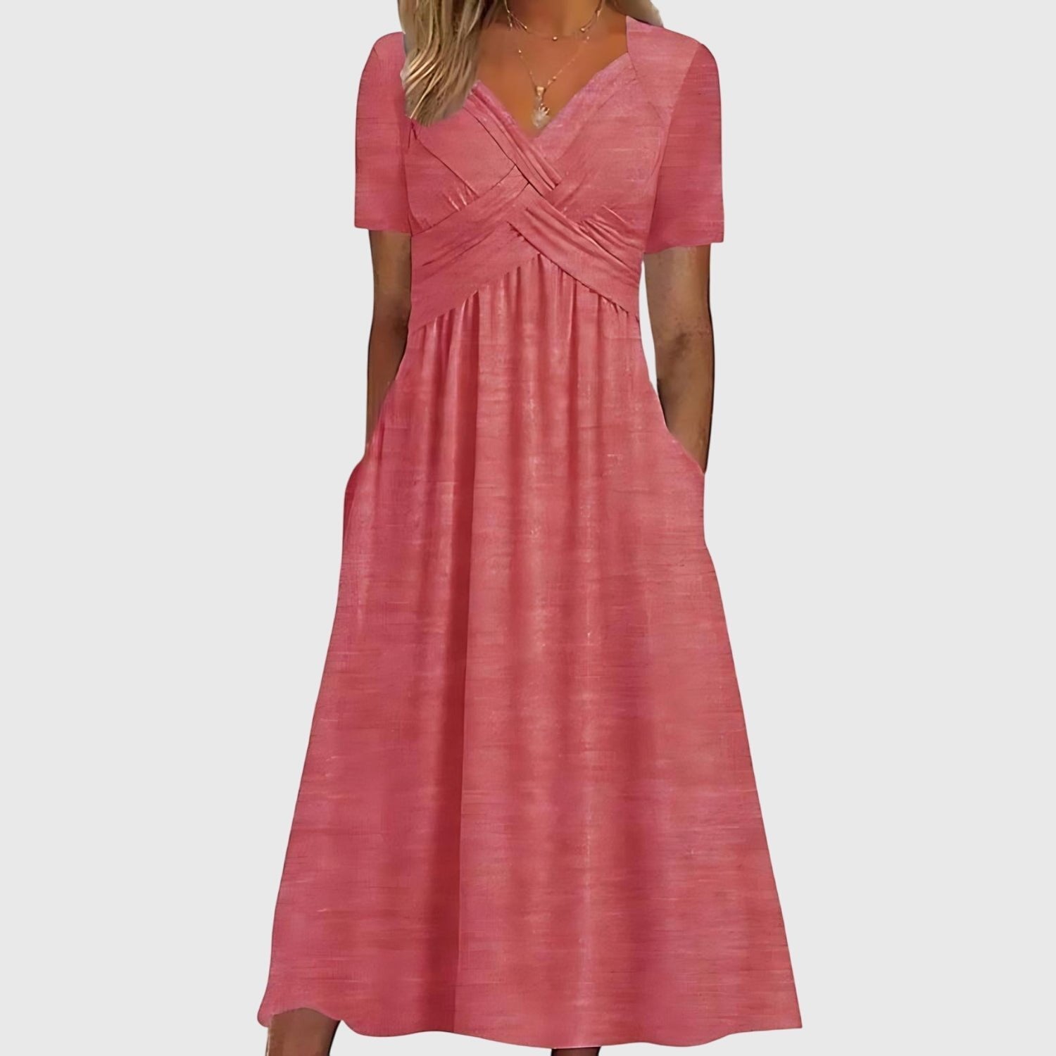 Women's V-Neck Cross-Front A-Line Tummy Control Midi Dress - Pink