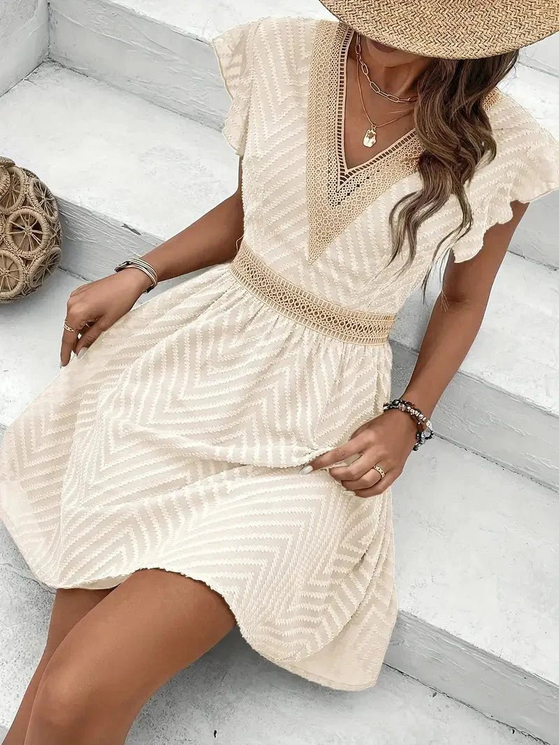 Women's V-Neck Lace-Trim Cap-Sleeve Textured Mini Dress