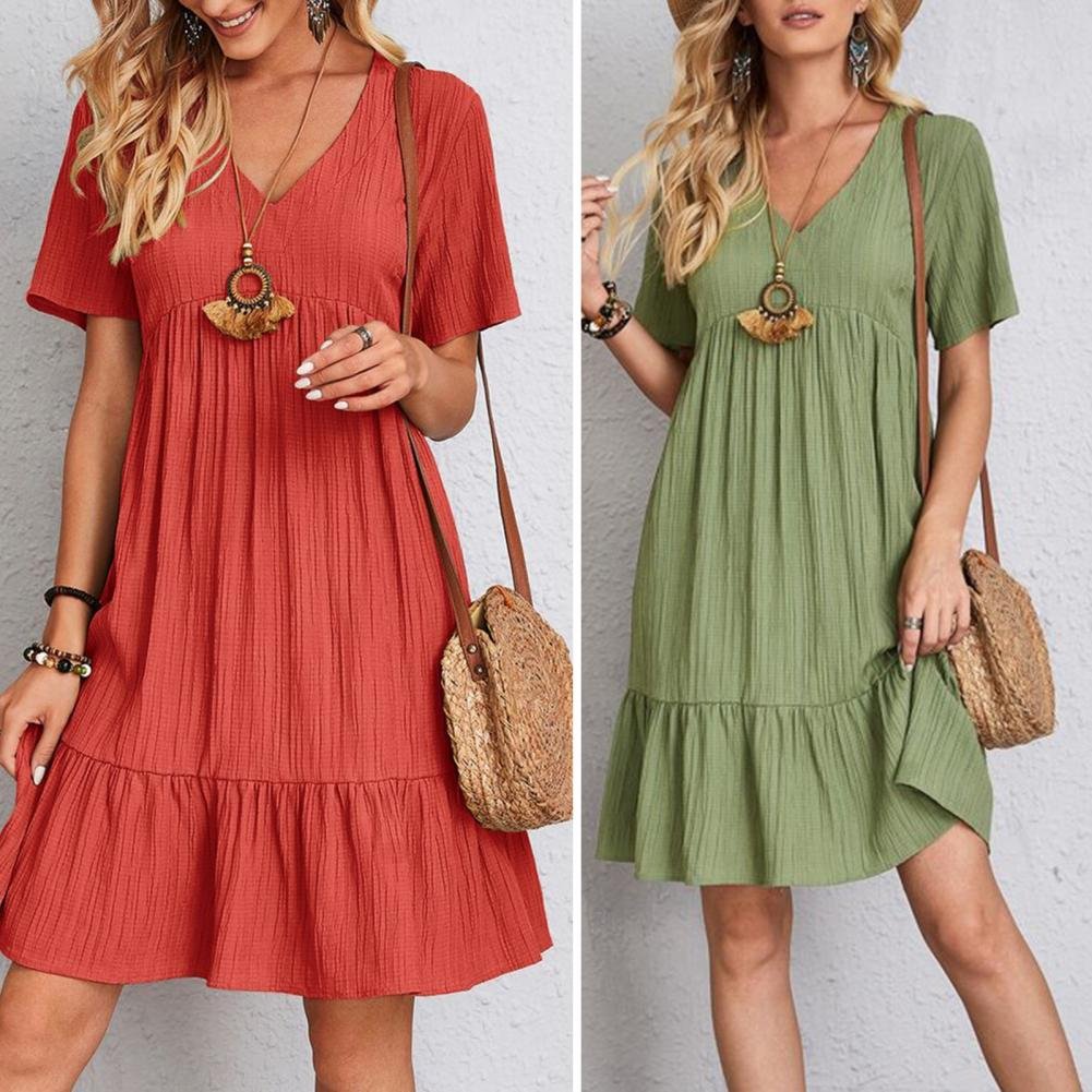 Women's V-Neck Short-Sleeve Ruffle-Hem Babydoll Mini Dress