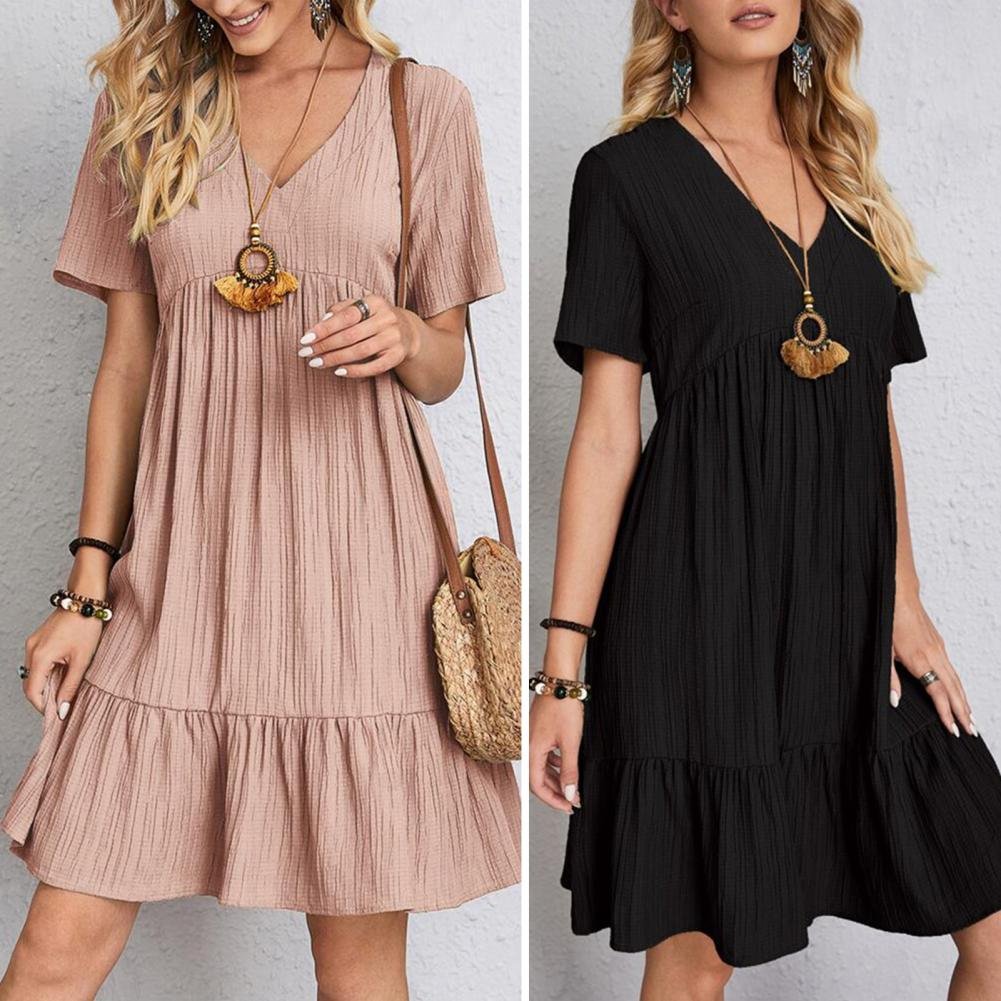 Women's V-Neck Short-Sleeve Ruffle-Hem Babydoll Mini Dress