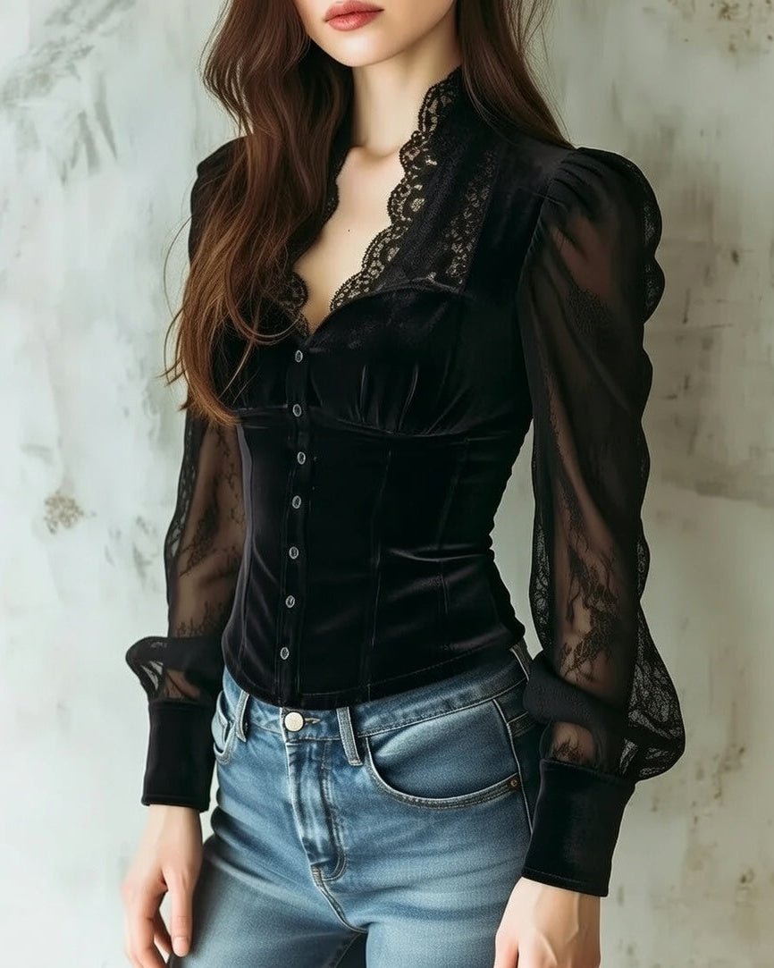 Women's Victorian-Inspired Lace Sleeve Velvet Button-Front Blouse