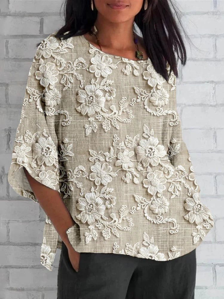 Women's Vintage Floral Embroidered Relaxed-Fit Blouse Top - Khaki