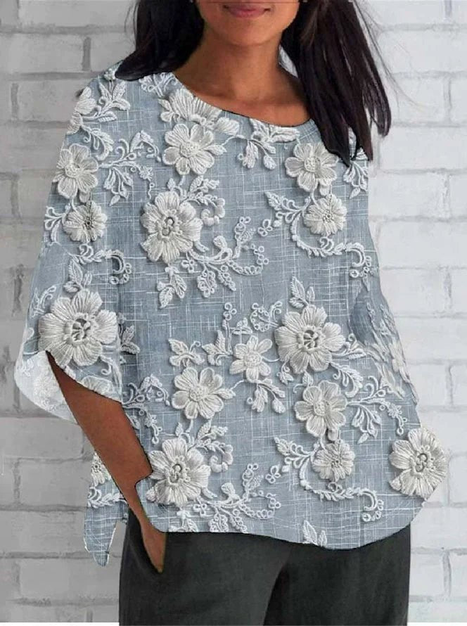 Women's Vintage Floral Embroidered Relaxed-Fit Blouse Top - Blue