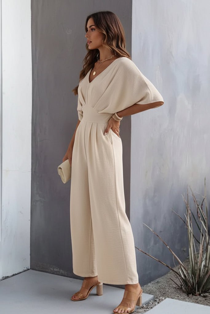 Women's Wide-Leg Batwing-Sleeve Cinched-Waist V-Neck Jumpsuit