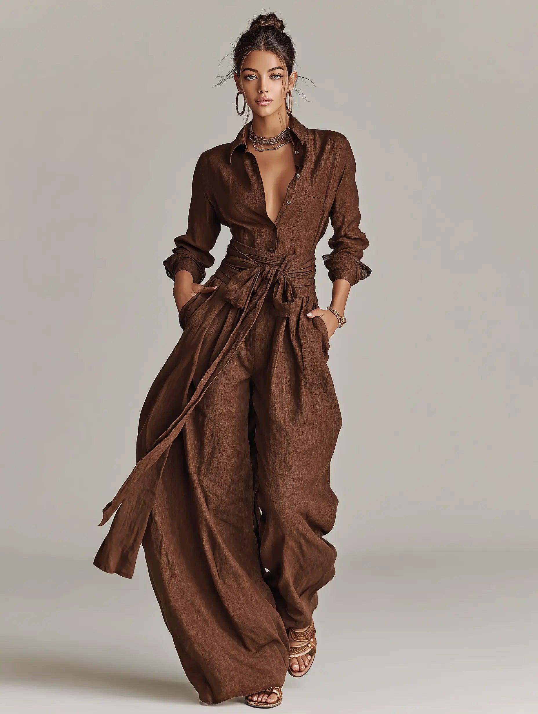 Women's Wide-Leg Cotton-Linen Belted Shirt-Collar Jumpsuit