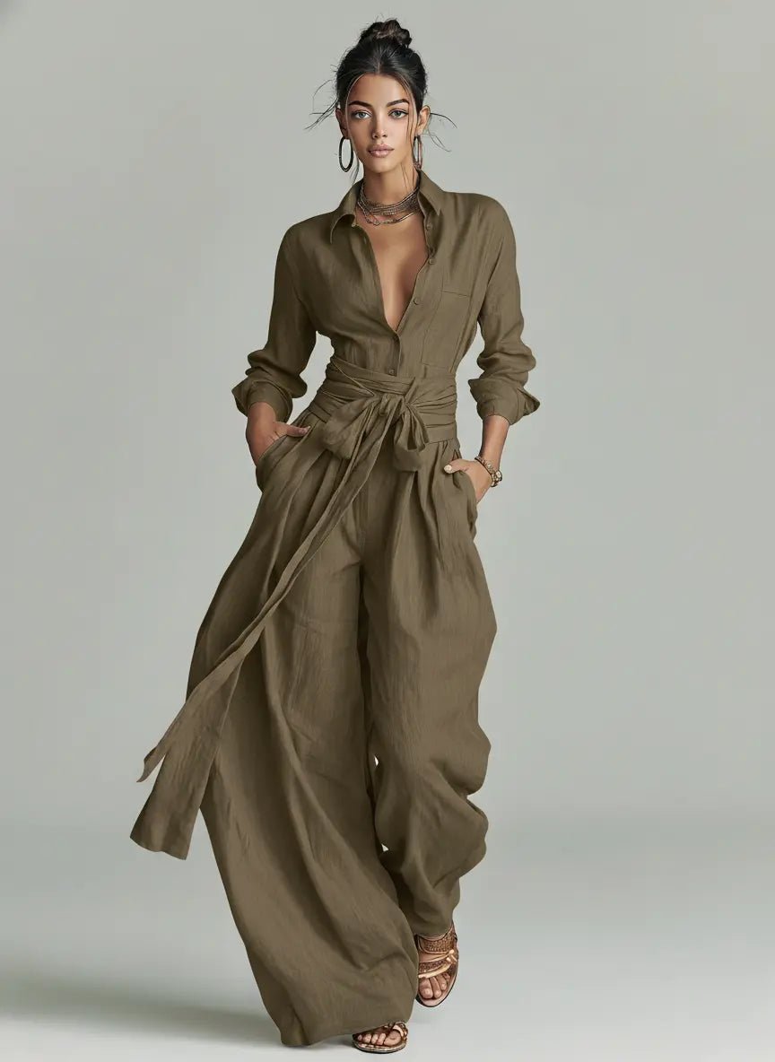 Women's Wide-Leg Cotton-Linen Belted Shirt-Collar Jumpsuit - Cold Brown