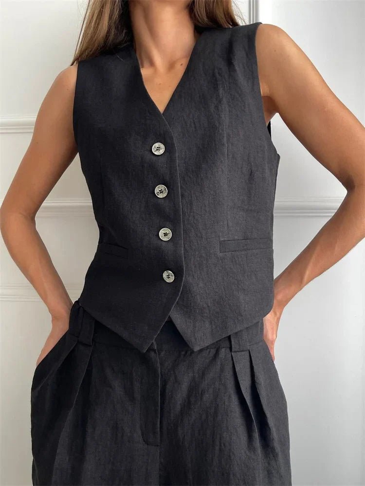 Women's Wide-Leg Pleated Linen Blend Vest Trouser Co-ord Set - Black
