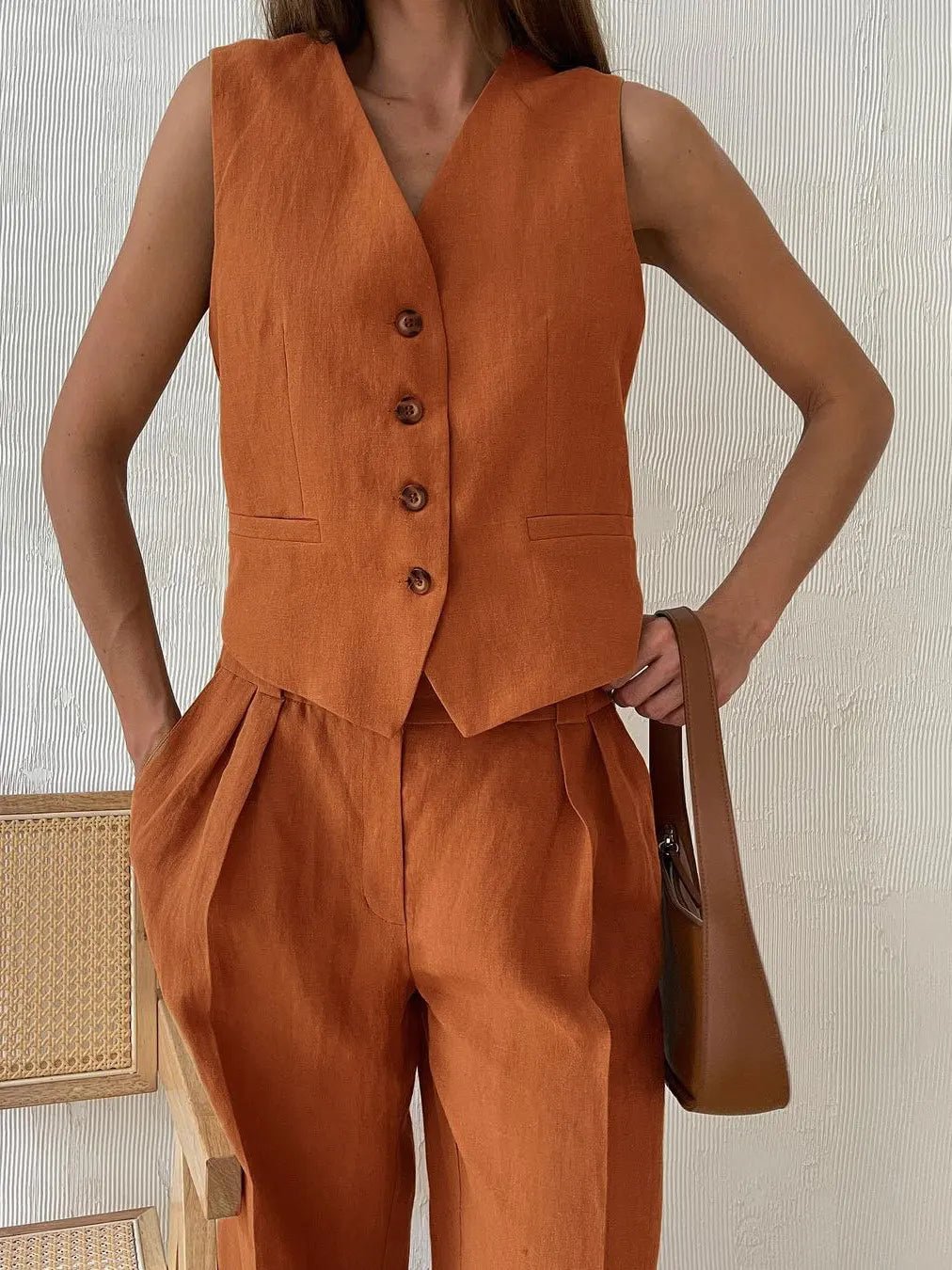 Women's Wide-Leg Pleated Linen Blend Vest Trouser Co-ord Set