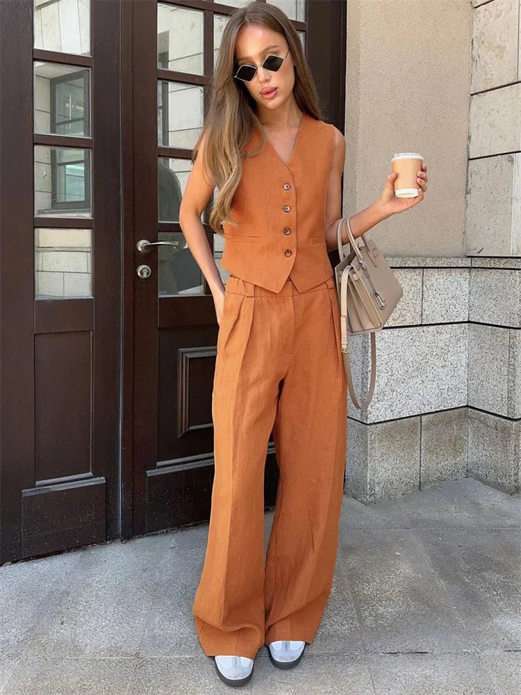 Women's Wide-Leg Pleated Linen Blend Vest Trouser Co-ord Set