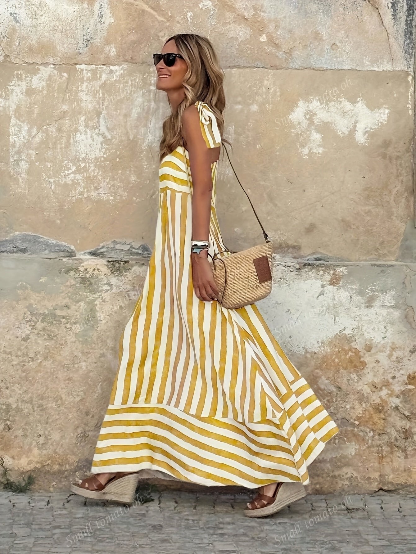 Women's Wide-Stripe Tie-Strap Floor-Length Maxi Dress