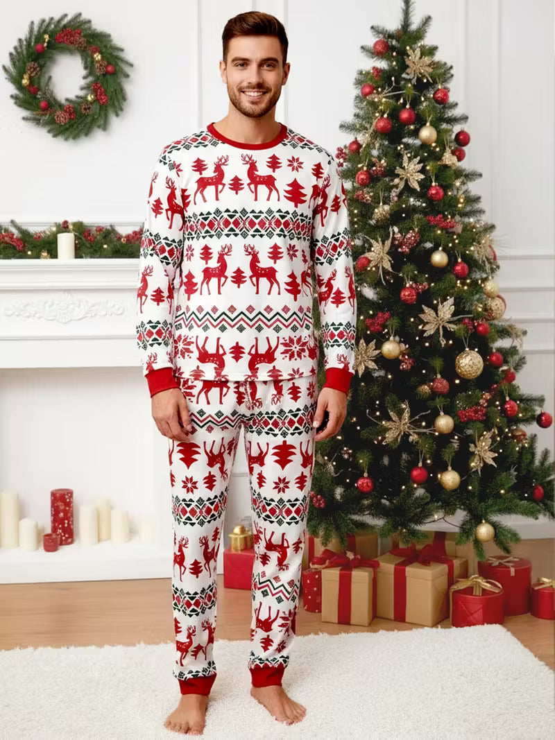 Men’s Women’s Reindeer Print Christmas Pajama Set - Matching Long Sleeve Lounge Wear