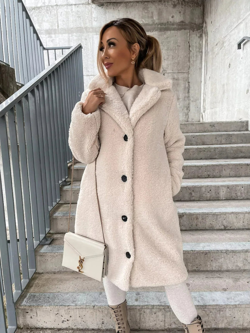 Women’s Long Teddy Coat - Button-Up Oversized Jacket