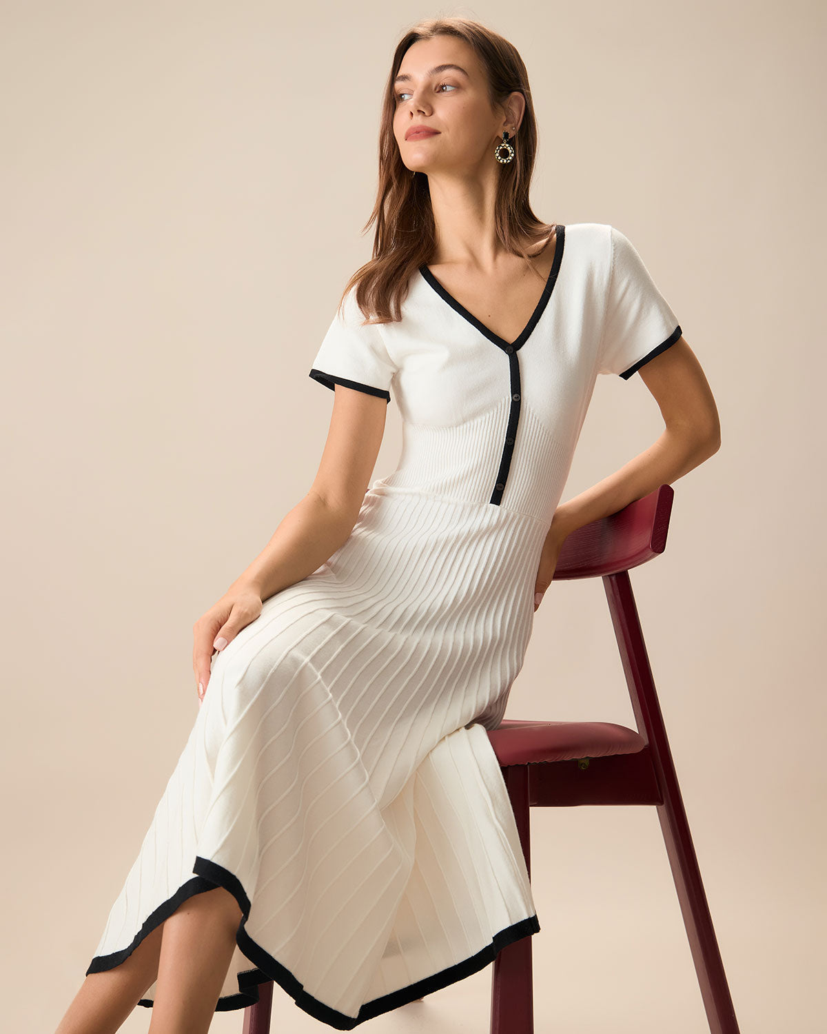 Women's Pleated Midi Dress - Button Front V-Neck Fit Flare