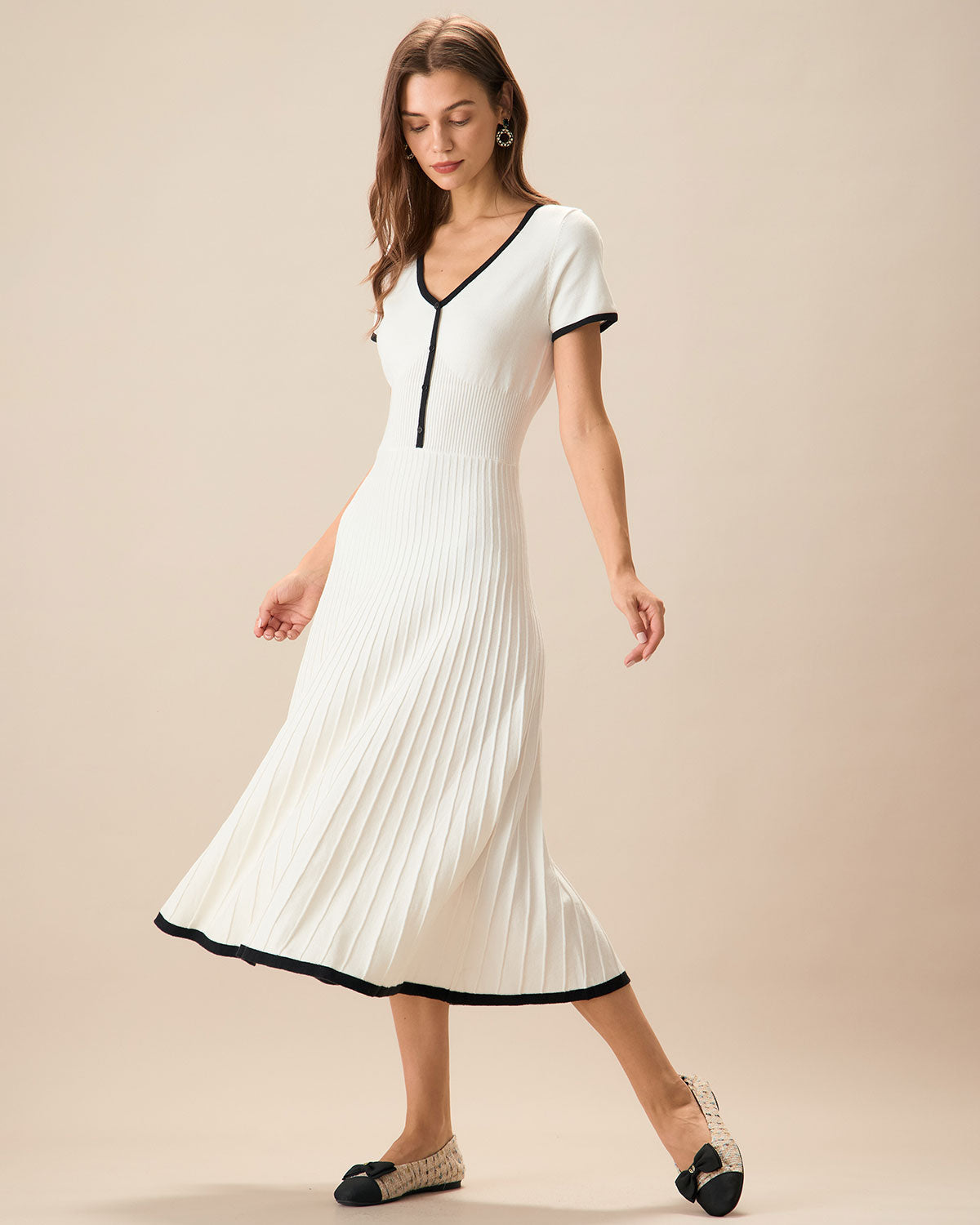 Women's Pleated Midi Dress - Button Front V-Neck Fit Flare