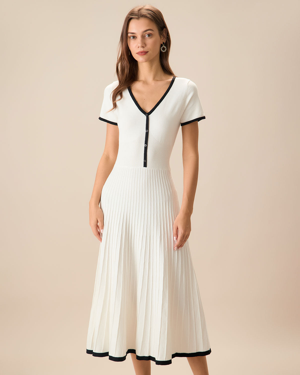 Women's Pleated Midi Dress - Button Front V-Neck Fit Flare