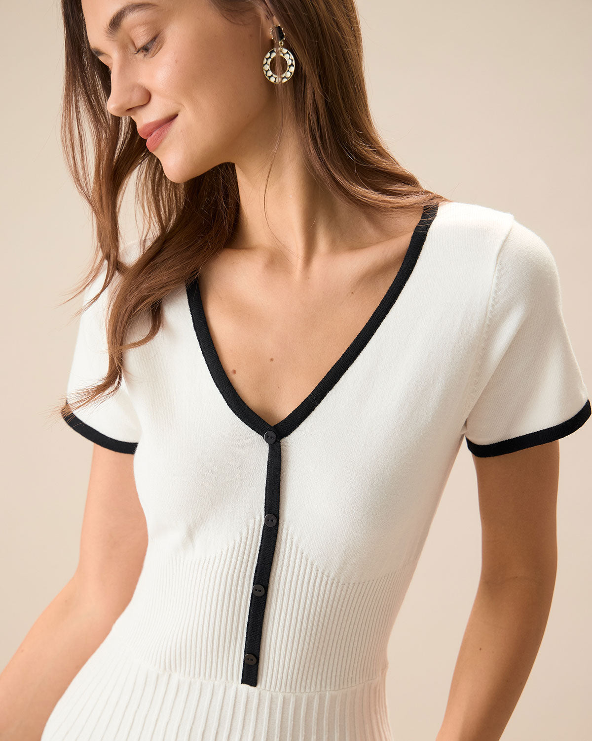 Women's Pleated Midi Dress - Button Front V-Neck Fit Flare