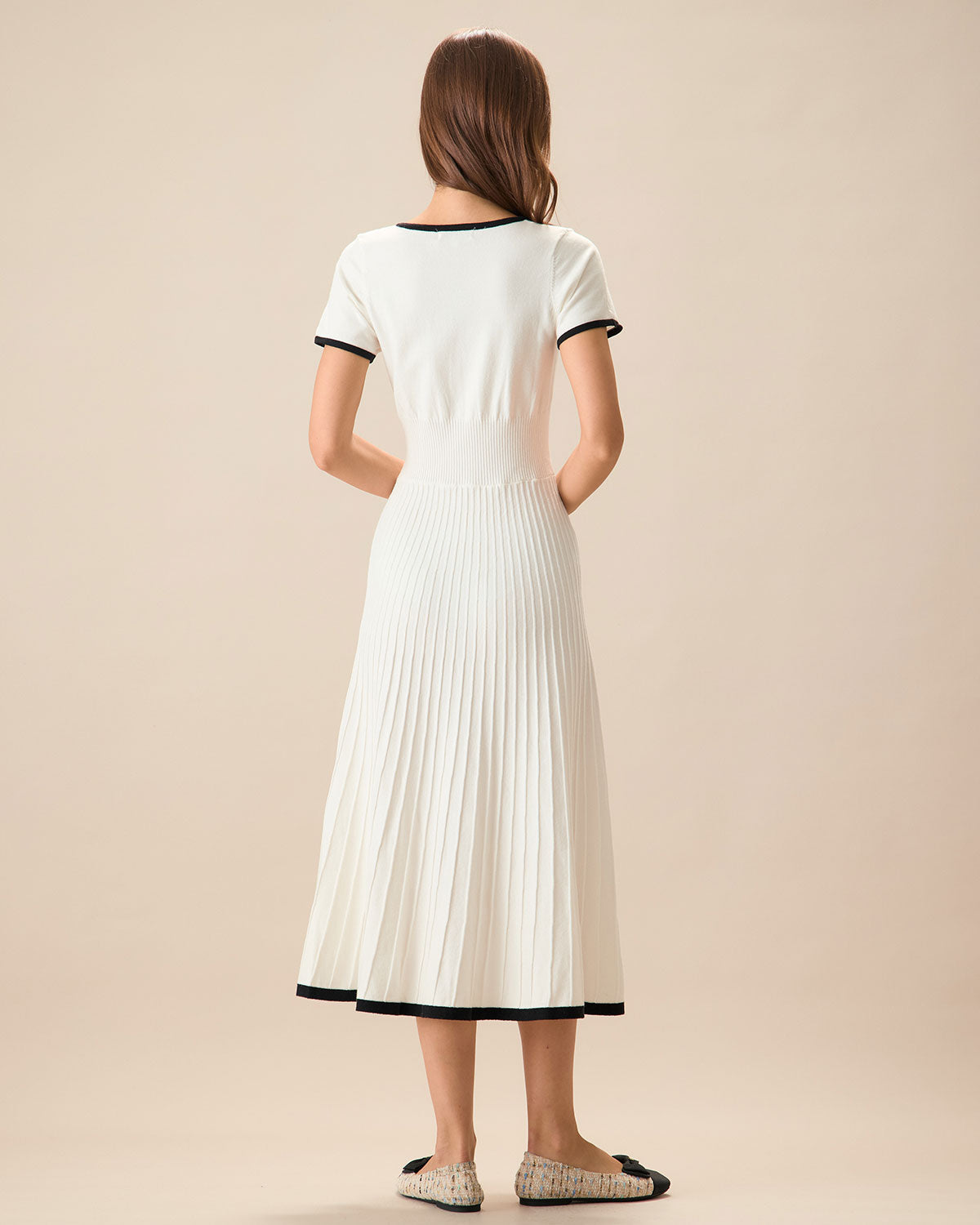 Women's Pleated Midi Dress - Button Front V-Neck Fit Flare