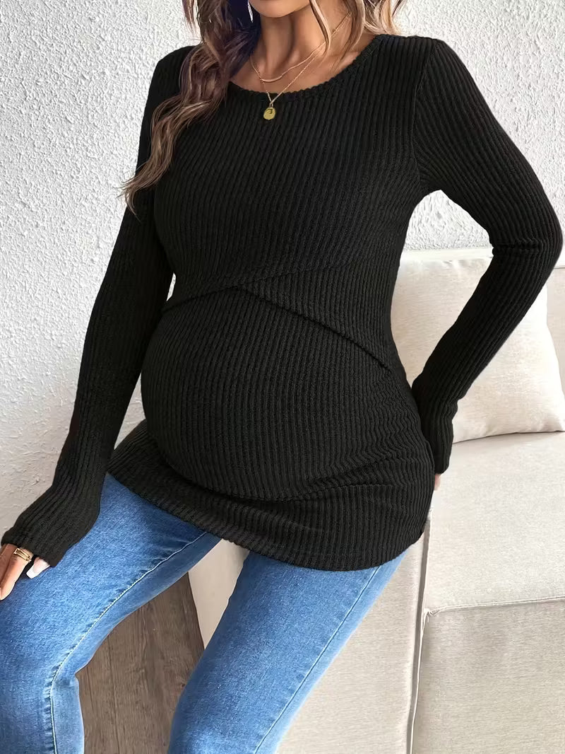 Women’s Maternity Knit Pullover - Soft Ribbed Long Sleeve Nursing Sweater