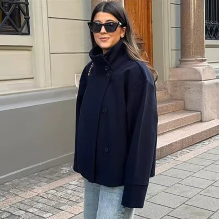 Oversized High-Neck Coat - Asymmetric Button Closure